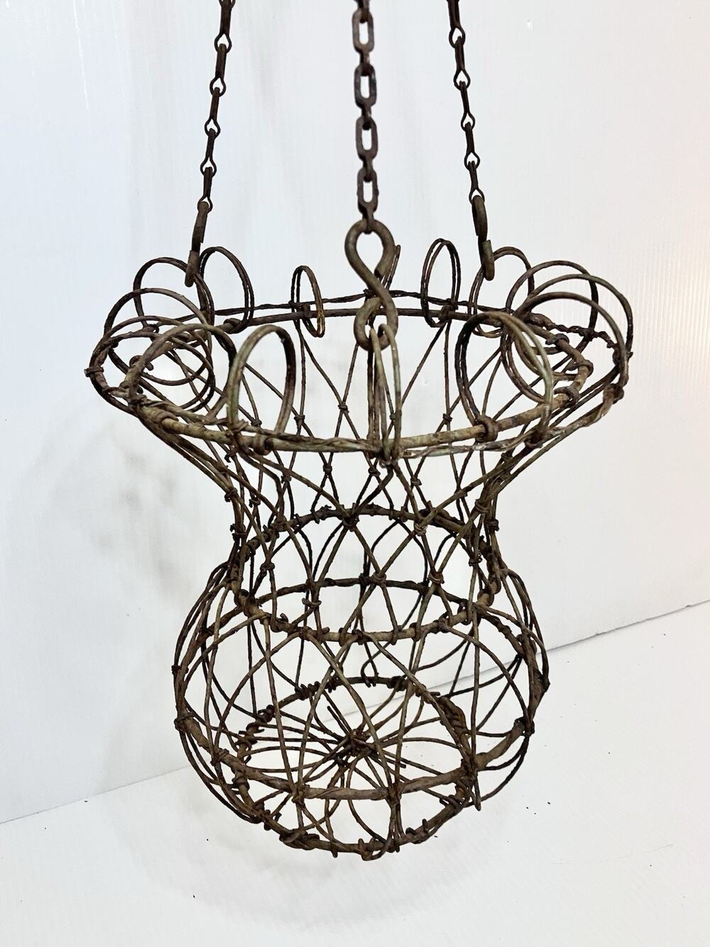 Antique French Twisted Metal Hanging Basket Curly Iron Wire Fluted Gracie Urn